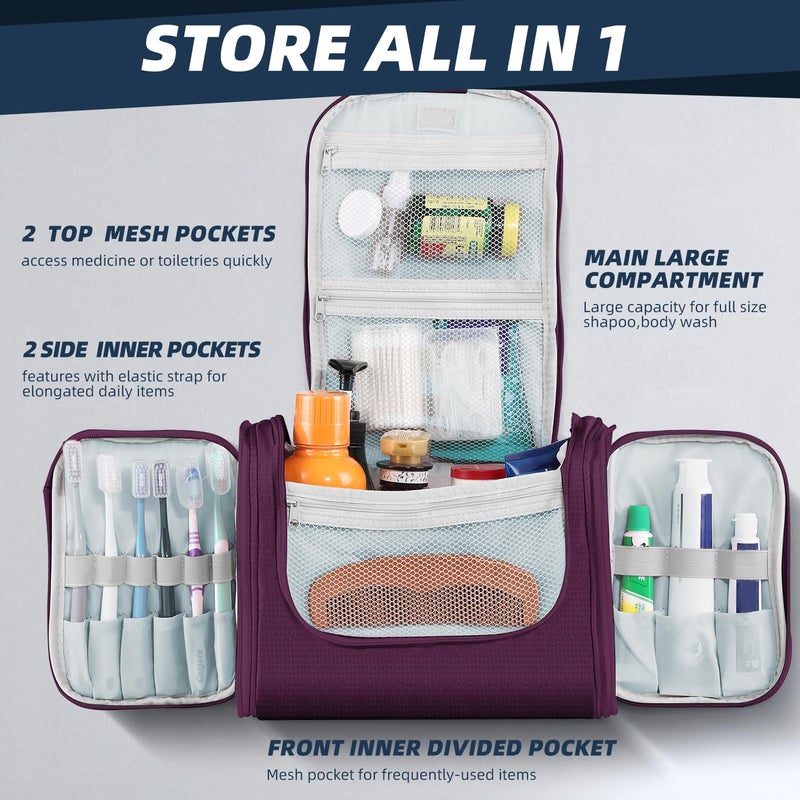 Buruis Large Toiletry Bag for Women and Men, Hanging Travel Bag for Makeup, Cosmetics, Shaving, Toiletries, Water-Resistant Dopp Kit for Gym, Camping, or Daily Use, Purple - Image 2